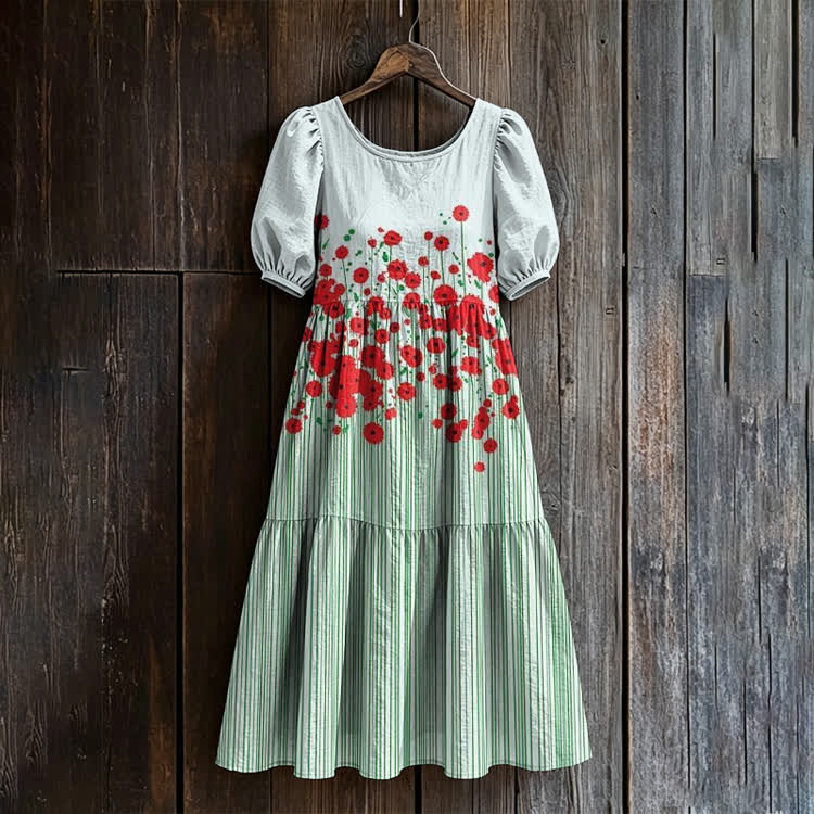 Vibrant Flowers Stripe Pattern Print Casual Loose Dress - White - US 24 (5XL) - image 1