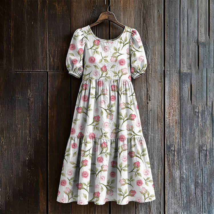 Watercolor Wild Rose Pattern Print Casual Loose Dress - White - US 24 (5XL) - image 1