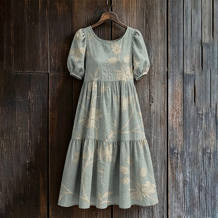 Boho Intertwined Vine Stitching Pattern Print Casual Loose Dress - Light Green - US 24 (5XL) - image 1