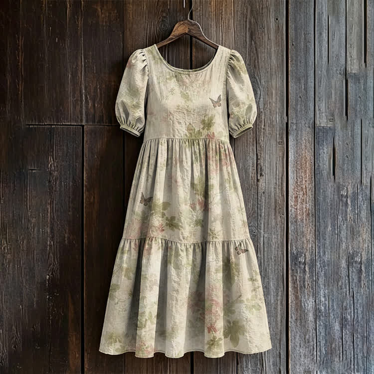 Hazy Flowers And Butterflies Pattern Print Casual Loose Dress - Apricot - US 24 (5XL) - image 1