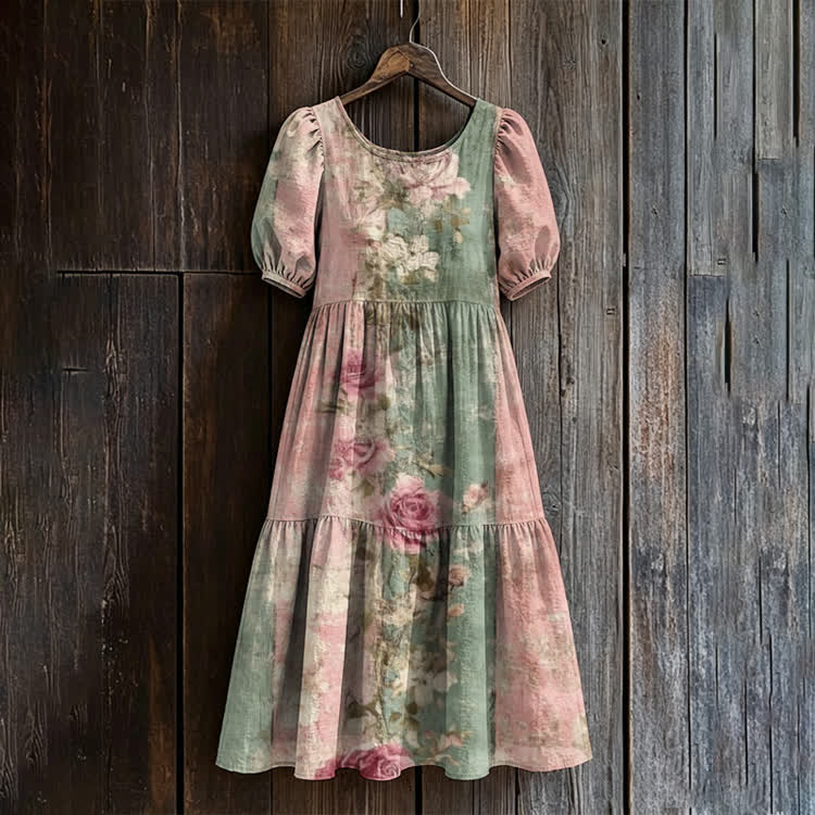 Romantic Rose-covered Wall Pattern Print Casual Loose Dress - Light Green - US 24 (5XL) - image 1