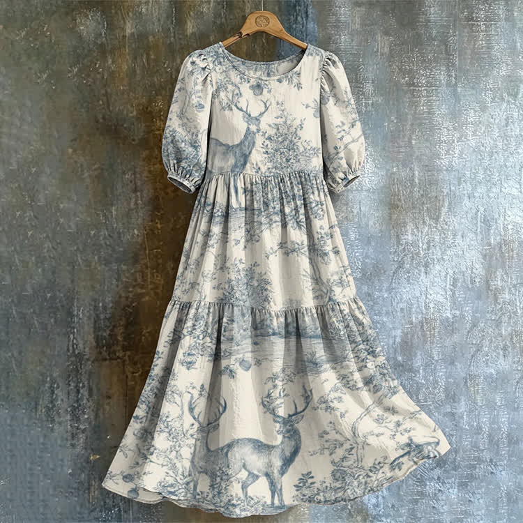 Vintage Sketch Deer Pattern Print Casual Loose Dress - Apricot - US 24 (5XL) - image 1