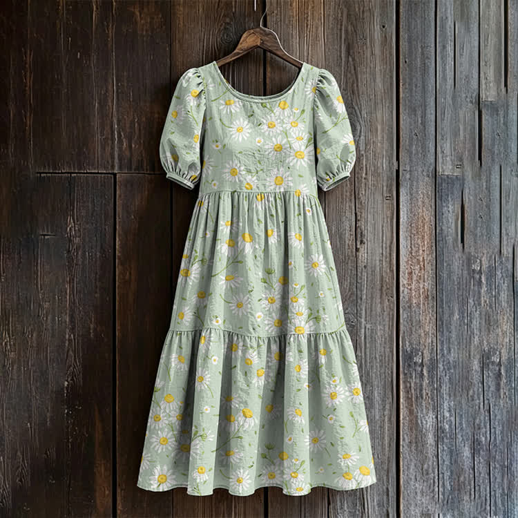 Wild Daisy Pattern Print Casual Loose Dress - Light Green - US 24 (5XL) - image 1
