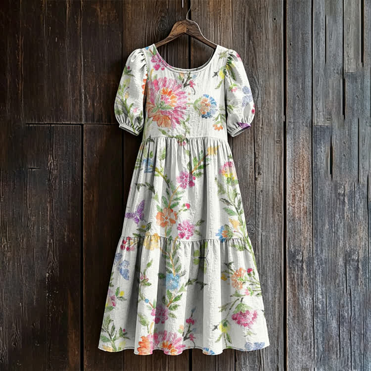 Watercolor Colorful Florals Pattern Print Casual Loose Dress - White - US 24 (5XL) - image 1