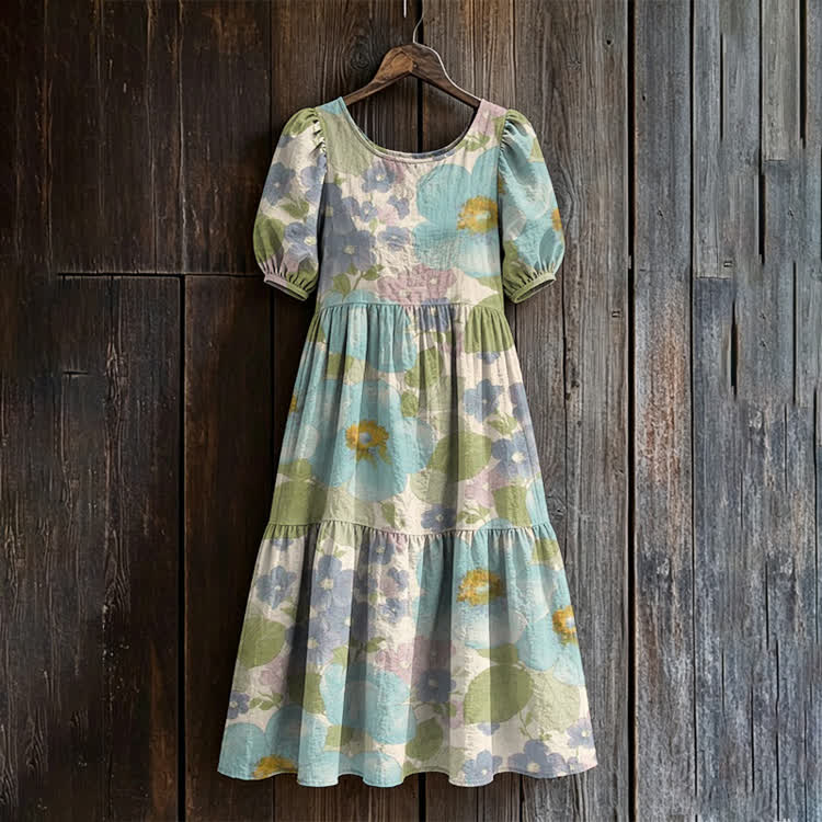 Soft Florals Pattern Print Casual Loose Dress - Light Green - US 24 (5XL) - image 1