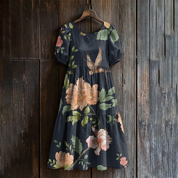 Flowers And Birds Pattern Print Casual Loose Dress - Black - US 24 (5XL) - image 2