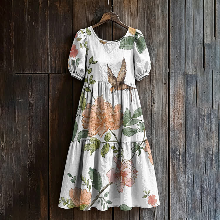 Flowers And Birds Pattern Print Casual Loose Dress - White - US 24 (5XL) - image 1