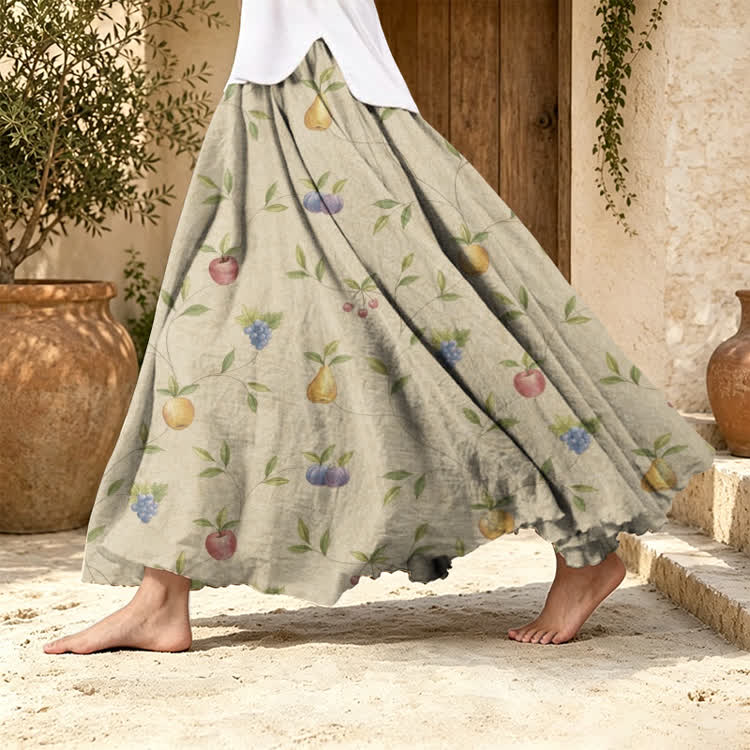 Fruit Scrolling Vines Pattern Print Maxi Skirt - Apricot - US 20 (5XL) - image 1