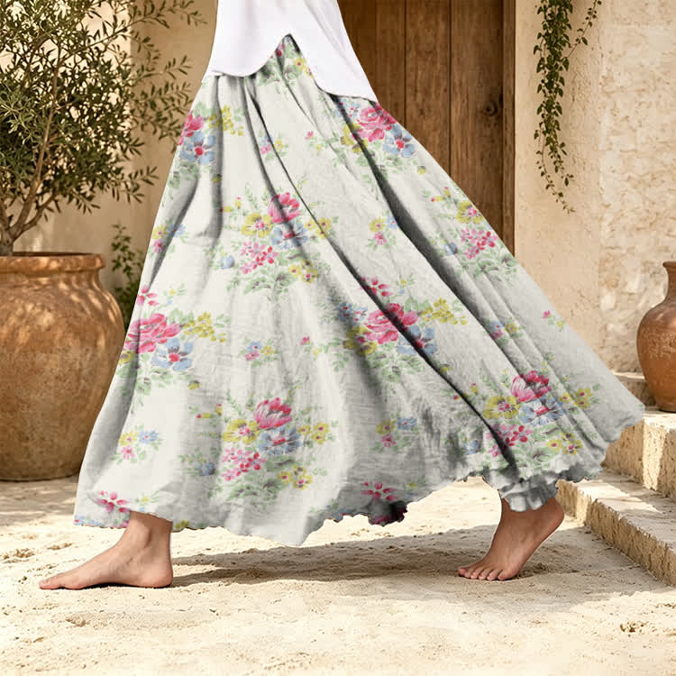 Watercolor Floral Cluster Pattern Print Maxi Skirt - Apricot - US 20 (5XL) - image 1