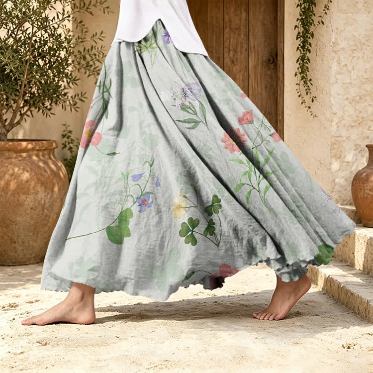 Watercolor Floral Silhouettes Pattern Print Maxi Skirt - Grey - US 20 (5XL) - image 1