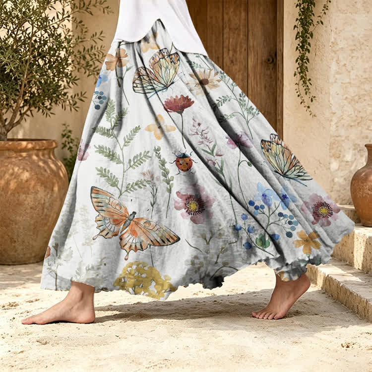 Watercolor Butterflies And Flowers Pattern Print Maxi Skirt - White - US 20 (5XL) - image 2