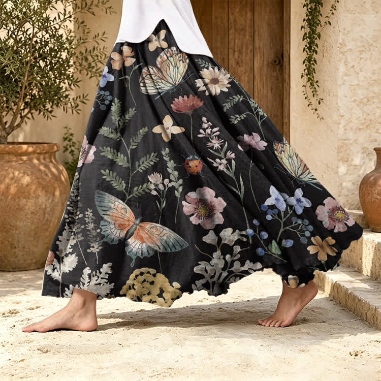 Watercolor Butterflies And Flowers Pattern Print Maxi Skirt - Black - US 20 (5XL) - image 1