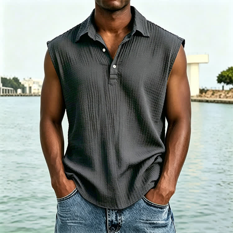 Cozy Solid Texture Sleeveless Button Polo Shirt - Dark Grey - 4XL - image 5