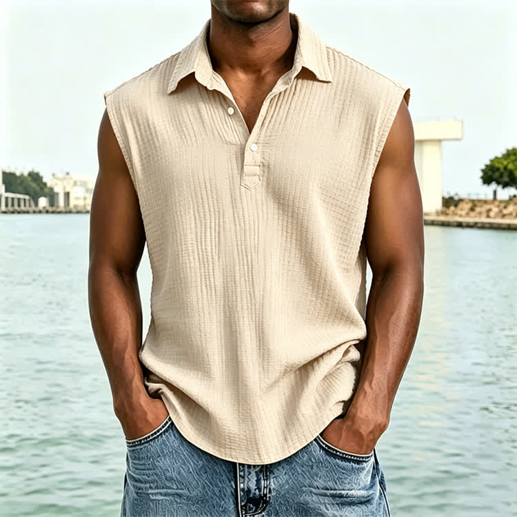 Cozy Solid Texture Sleeveless Button Polo Shirt - Apricot - 4XL - image 2