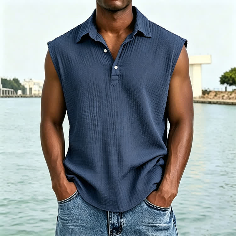 Cozy Solid Texture Sleeveless Button Polo Shirt - Blue - 4XL - image 1