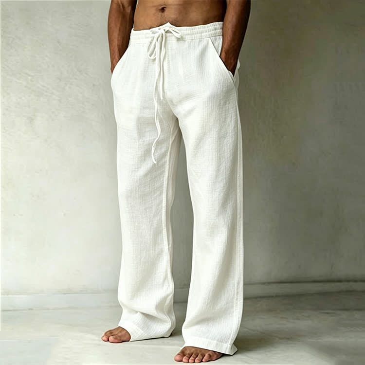 Cozy Solid Drawstring Tie Pocket Straight Leg Trousers - White - 4XL - image 1