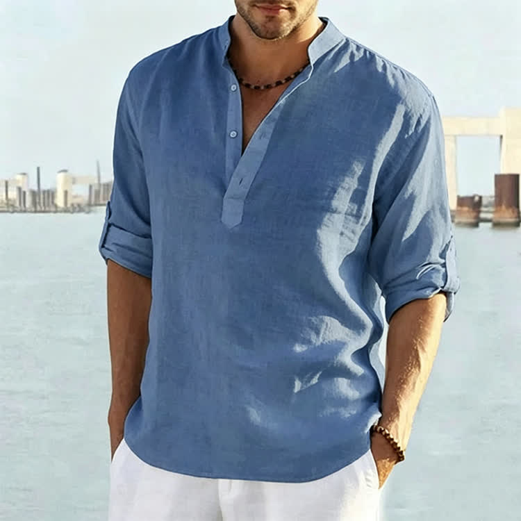 Men's Casual Cotton Linen Solid Color Henley Neck Long Sleeve Shirt - Blue - 5XL - image 5