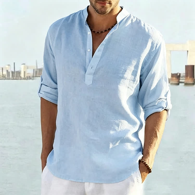 Men's Casual Cotton Linen Solid Color Henley Neck Long Sleeve Shirt - Light Blue - 5XL - image 4