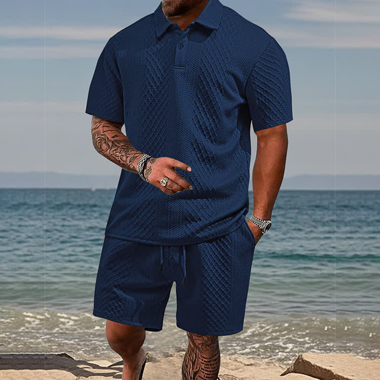 Solid texture Short-sleeve Polo Shirt & Shorts 2-piece Set - Navy Blue - 5XL - image 2