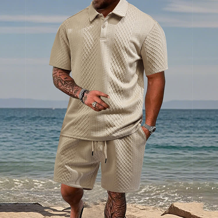 Solid texture Short-sleeve Polo Shirt & Shorts 2-piece Set - Khaki - 5XL - image 1