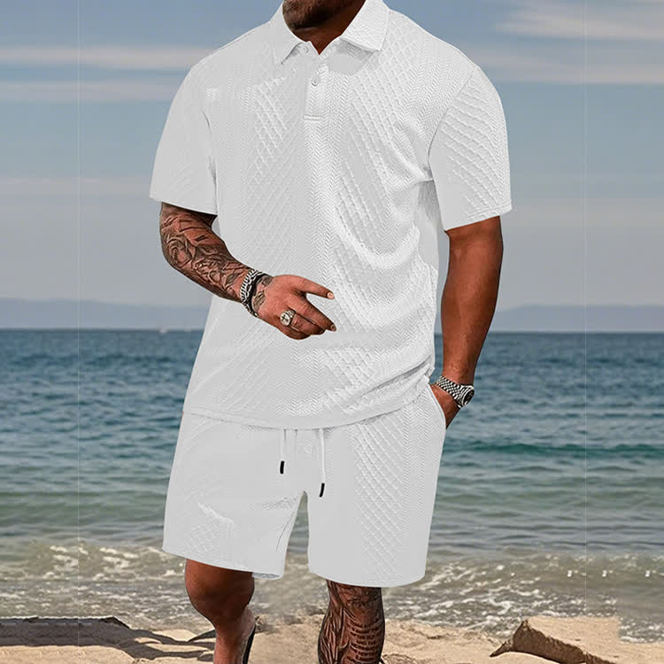 Solid texture Short-sleeve Polo Shirt & Shorts 2-piece Set - White - 5XL - image 6