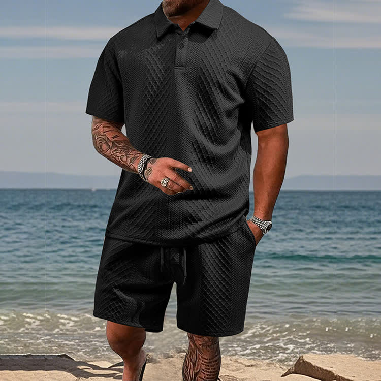 Solid texture Short-sleeve Polo Shirt & Shorts 2-piece Set - Black - 5XL - image 4