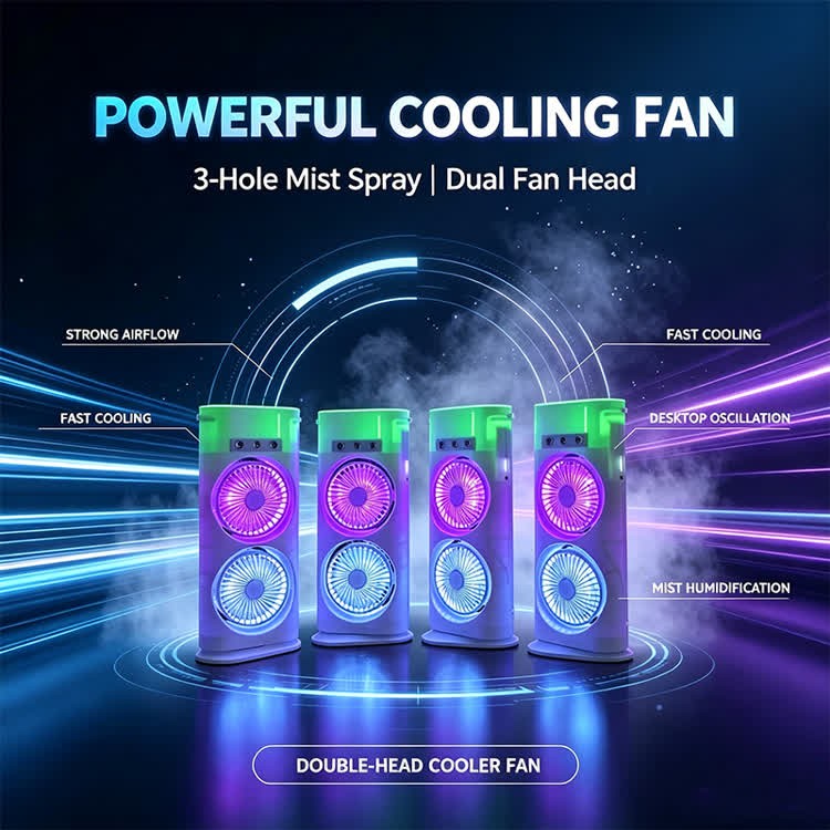 Powerful Dual-head Oscillating Desk Fan With Cooling Mist (3-hole Spray) - image 1
