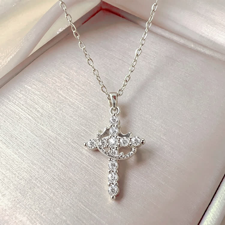 Faith Zircon Crown & Cross Necklace - Silver - image 2
