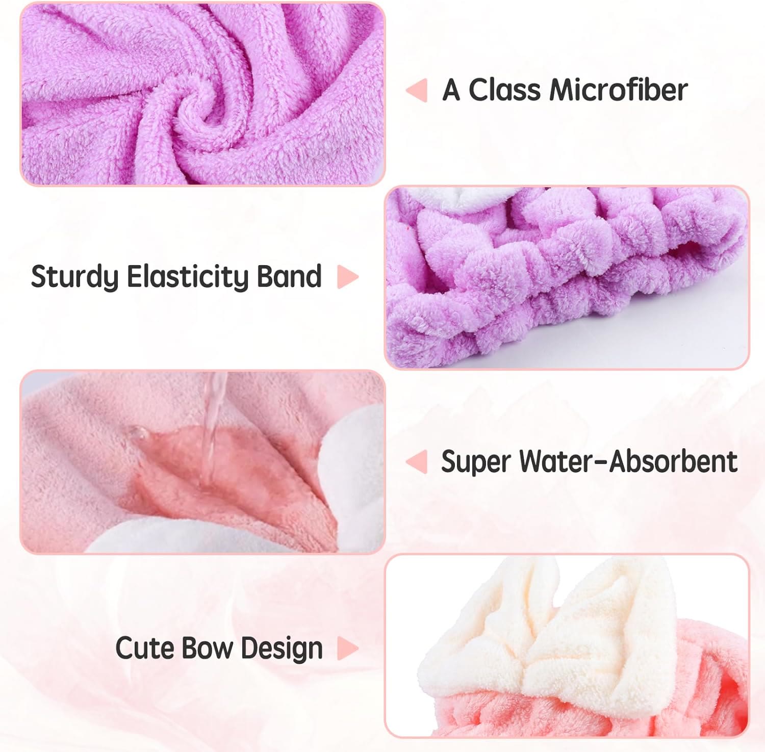 Super Absorbent Hair Towel Wrap for Wet Hair,Microfiber Hair Drying with Caps Bow Design - image 3