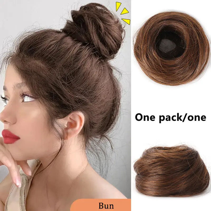 Synthetic Messy Bun Hair Piece forWomen Curly Updo Scrunchie Extension for Instant Volume and a High Crown - Dark Brown Mixed Light Auburn - 3PCS - image 13