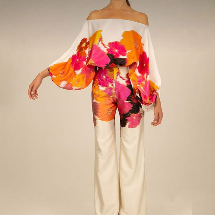 Fashion Tie-dye Stripe Gradient Cold Shoulder Batwing Sleeves Tops & Wide Leg Pants Set - Orange - 3XL - image 8