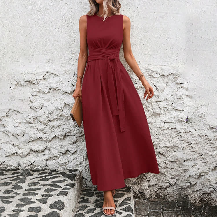 Elegant Solid Waist Tie Sleeveless Round-sleeve Maxi Dress - image 11