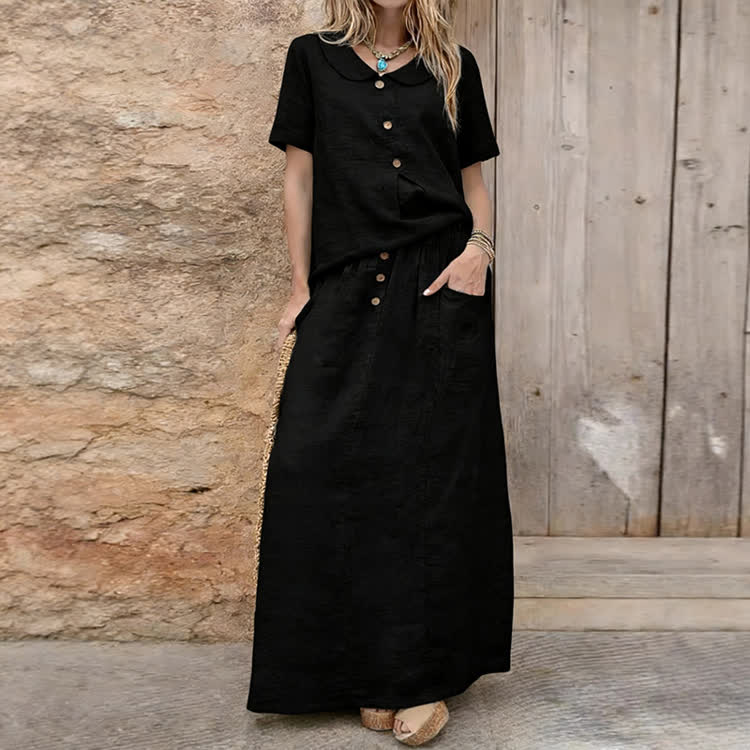 Elegant Solid Buttons Short Sleeve Peter Pan Collar Blouse & Solid Pocket Buttons Skirt Set - Black - 3XL - image 6