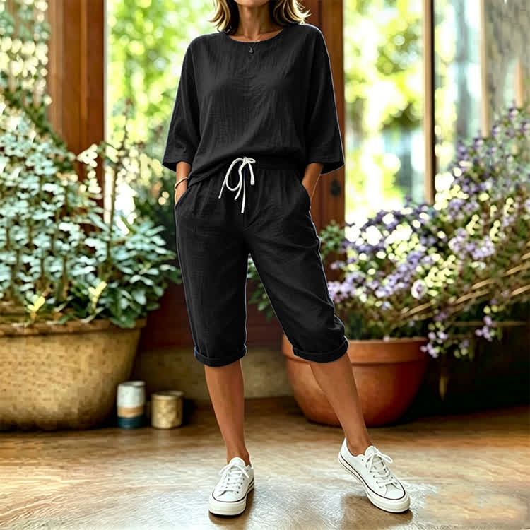Elegant Solid Print 3/4 Sleeve Casual Blouse & Pocket Mid Short Set - Black - 4XL - image 6