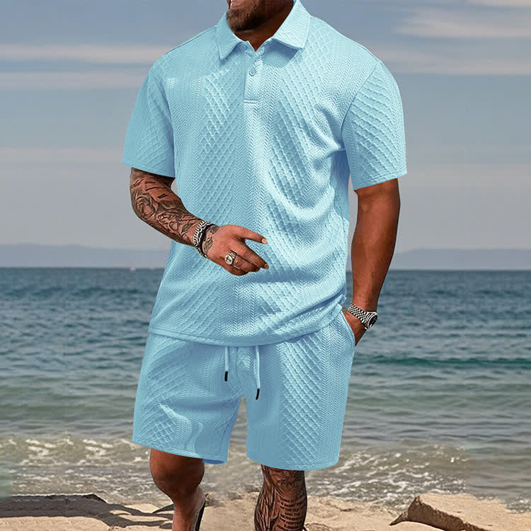 Solid texture Short-sleeve Polo Shirt & Shorts 2-piece Set - Light Blue - 5XL - image 5