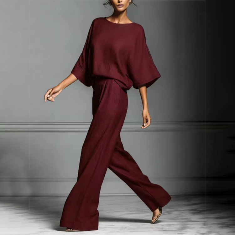 Elegant Solid Round-neck 3/4 Wide-sleeve Blouse & Wide-legs Pants Set - image 3