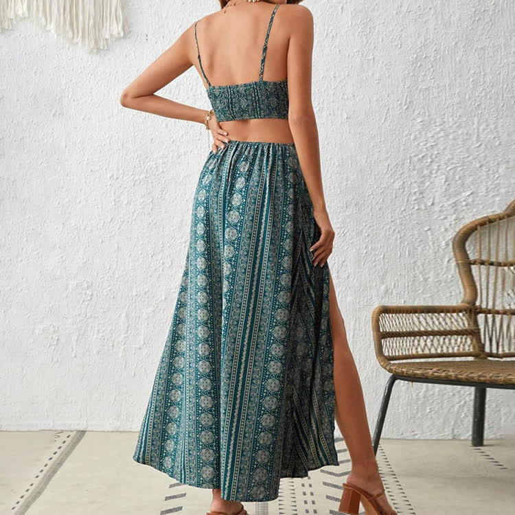 Boho Ethnic Stripes Print Waist Cutout Double Slits Maxi  Strappy Dress - image 12