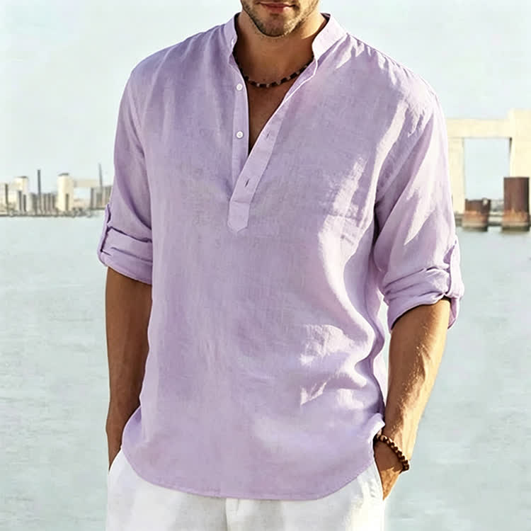 Men's Casual Cotton Linen Solid Color Henley Neck Long Sleeve Shirt - Purple - 5XL - image 7