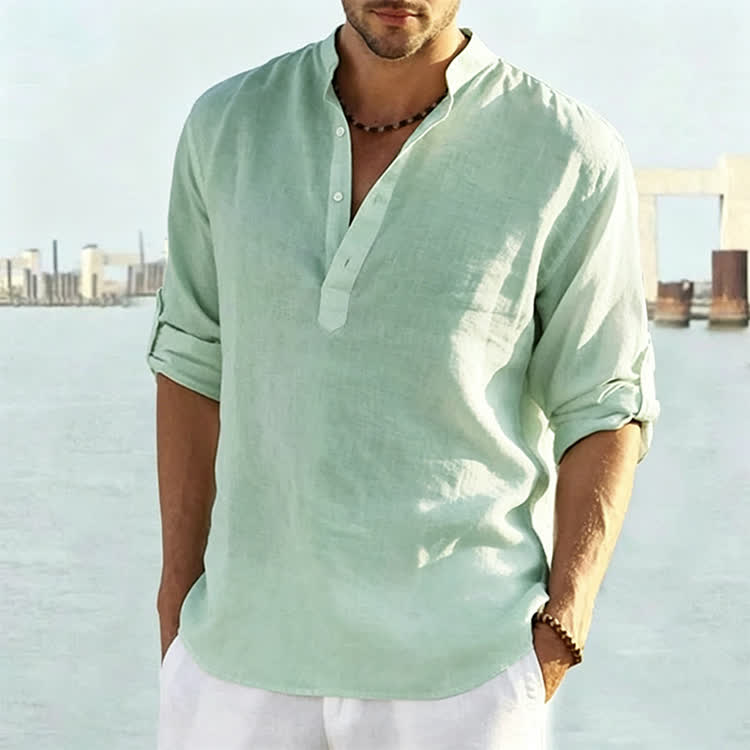 Men's Casual Cotton Linen Solid Color Henley Neck Long Sleeve Shirt - Green - 5XL - image 8