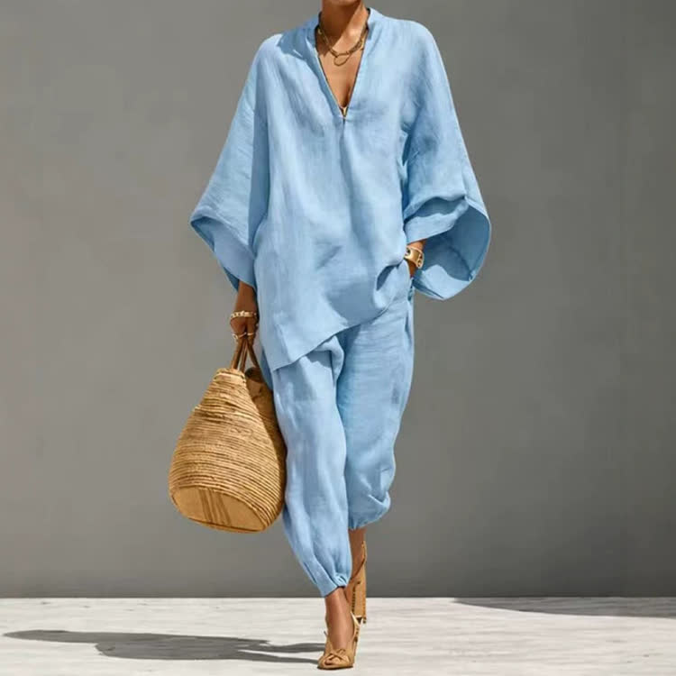 Elegant Solid V-neck Long-sleeve Loose Blouse & Bloomers Pants - Sky Blue - 3XL - image 7