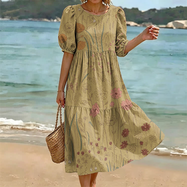 Botanical Art Pattern Print Casual Loose Dress - Khaki - US 24 (5XL) - image 5