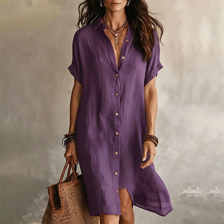 Solid Texture Lapel Short-sleevebutton-front Shirt Midi Dress - Purple - 2XL - image 5