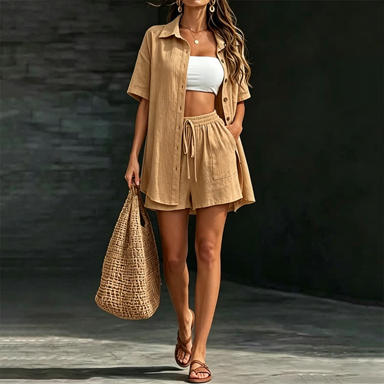 Solid Casual Texture Short-sleeve Shirt & Large Pocket Shorts Set - Khaki - 2XL - image 10