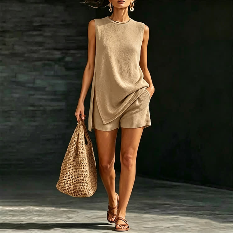 Solid Sleeveless Knit Sweater High Side Slit Top & Short 2 Piece Set - image 17