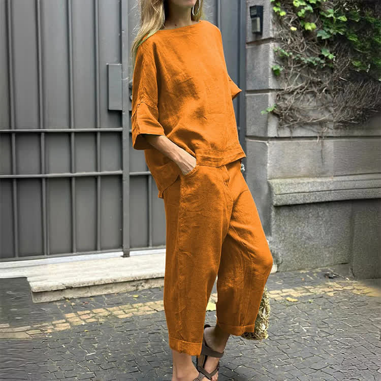 Cozy Solid Round-neck Half Sleeves Blouse & Pants Set - Yellow - 5XL - image 8