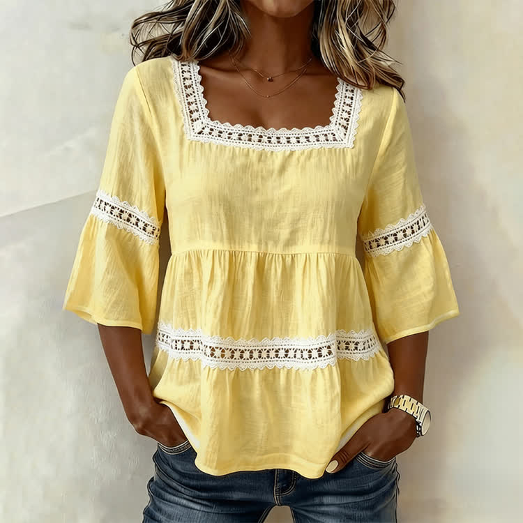 Elegant Solid Lace Splicing Square neck Half-sleeve A-line Blouse - Yellow - 4XL - image 8