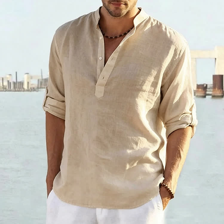 Men's Casual Cotton Linen Solid Color Henley Neck Long Sleeve Shirt - Khaki - 5XL - image 9