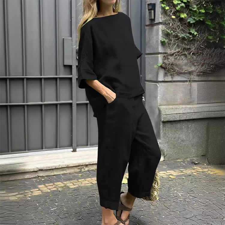 Cozy Solid Round-neck Half Sleeves Blouse & Pants Set - Black - 5XL - image 4