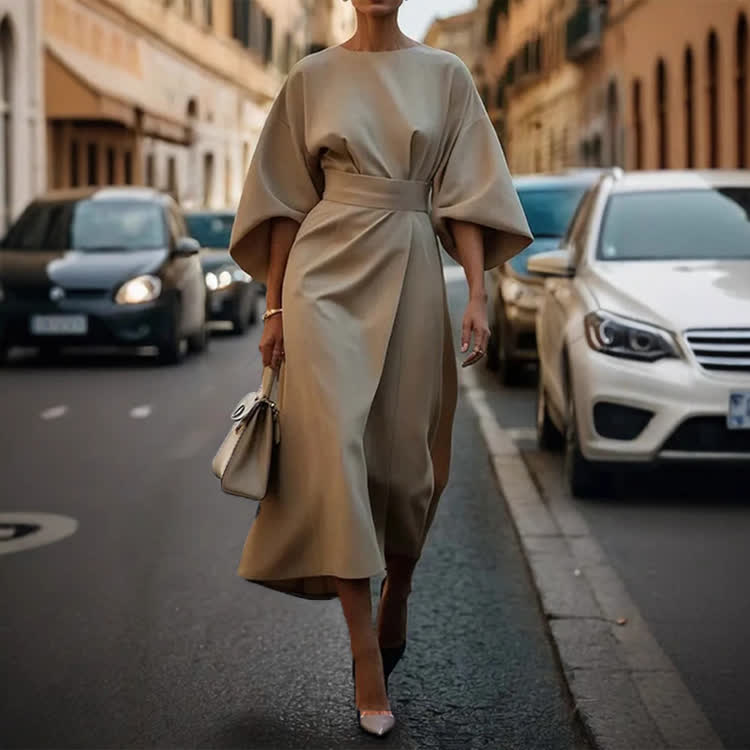 Elegant Solid Demeanor Batwing Sleeves Round-sleeve Dress - Khaki - 3XL - image 4
