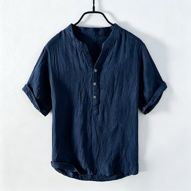 Cozy Fit Solid Short-sleeve Henley Shirt - Navy Blue - 5XL - image 6
